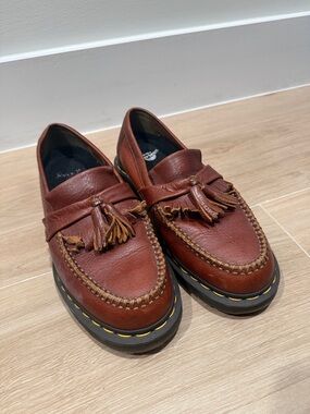Dr. Martens Brown Leather Tassel Loafers with Yellow Stitching